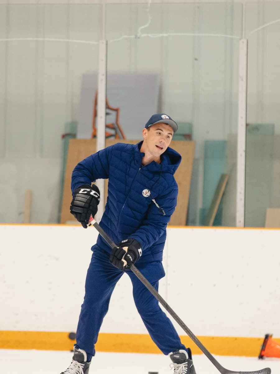 Gavin Bayreuther demonstrating a skill on the ice